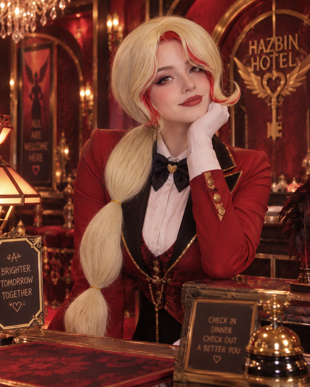 Charlie Morningstar Cosplay Wig Blonde Red Long Ponytail Hazbin Hotel Costume